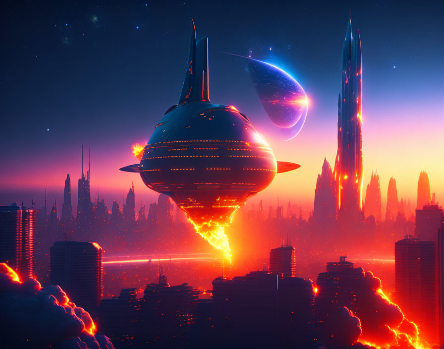 Futuristic cityscape with neon lights, skyscrapers, spaceship firing beam