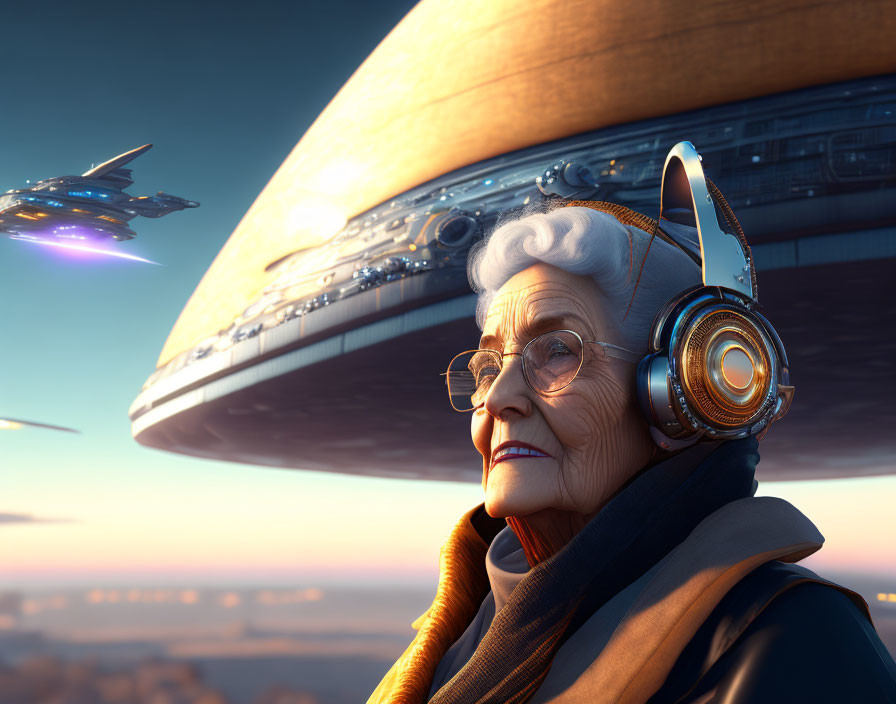 Elderly woman with futuristic headphones in front of spaceship and flying vehicle at sunset