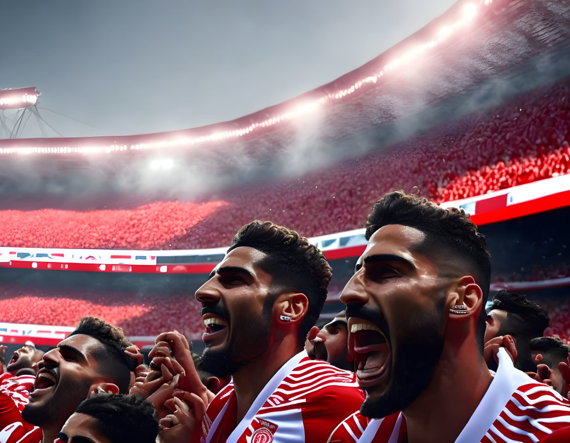 Soccer players celebrating victory with cheering fans in packed stadium