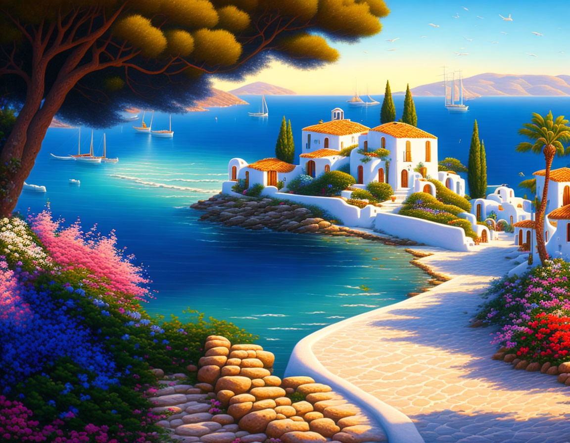 Scenic coastal village with white buildings, flowers, cobblestone path, and boats at sunset