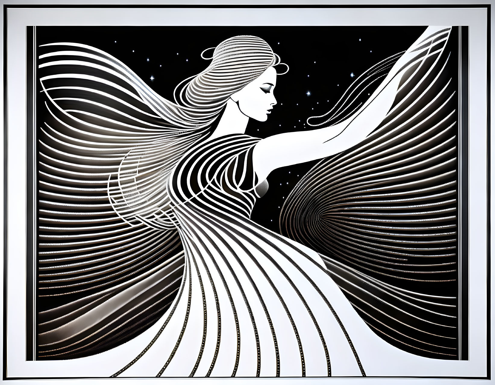 Monochrome art: Woman with flowing hair and dress in dynamic lines