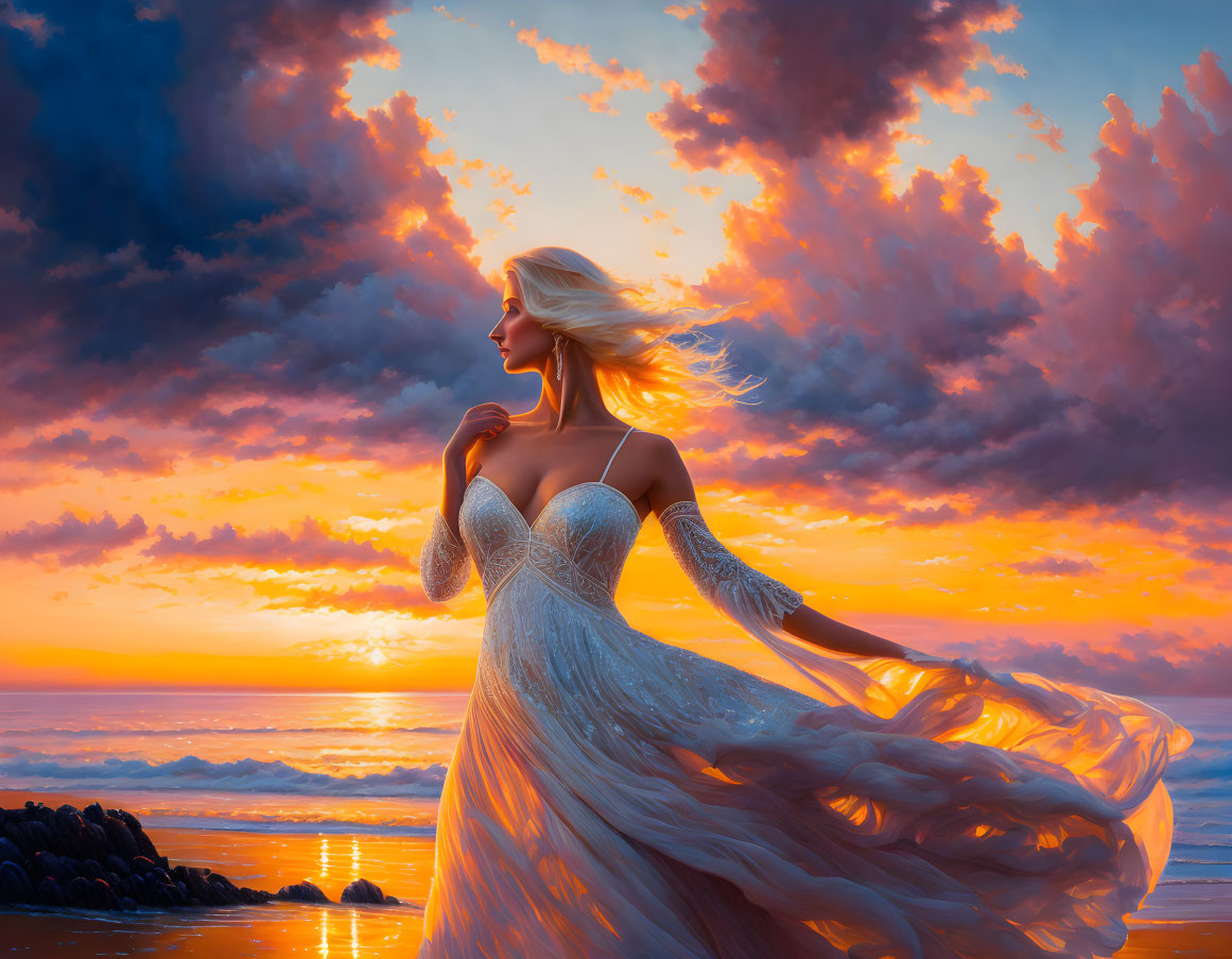 Woman in white dress on beach at vibrant sunset with dramatic clouds