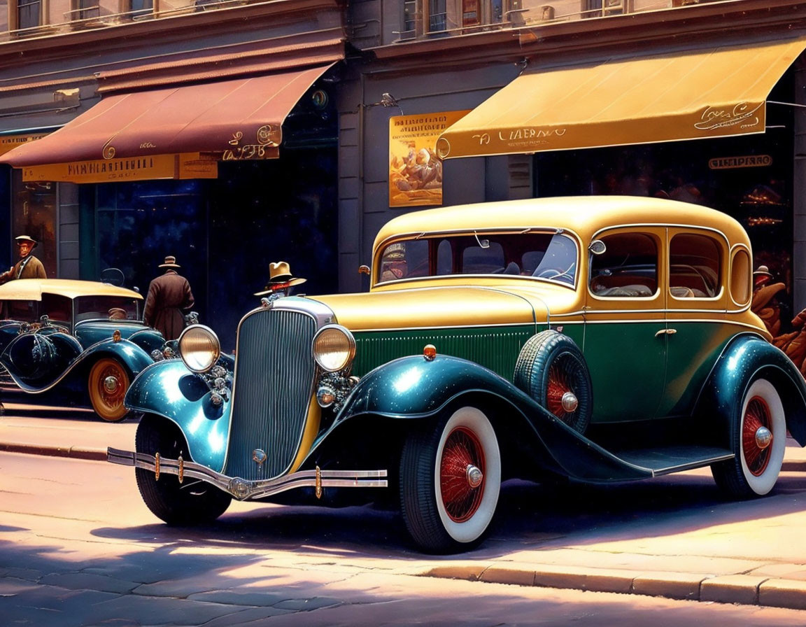 Classic Vintage Cars Parked on Sunny Street with People and Shopfronts