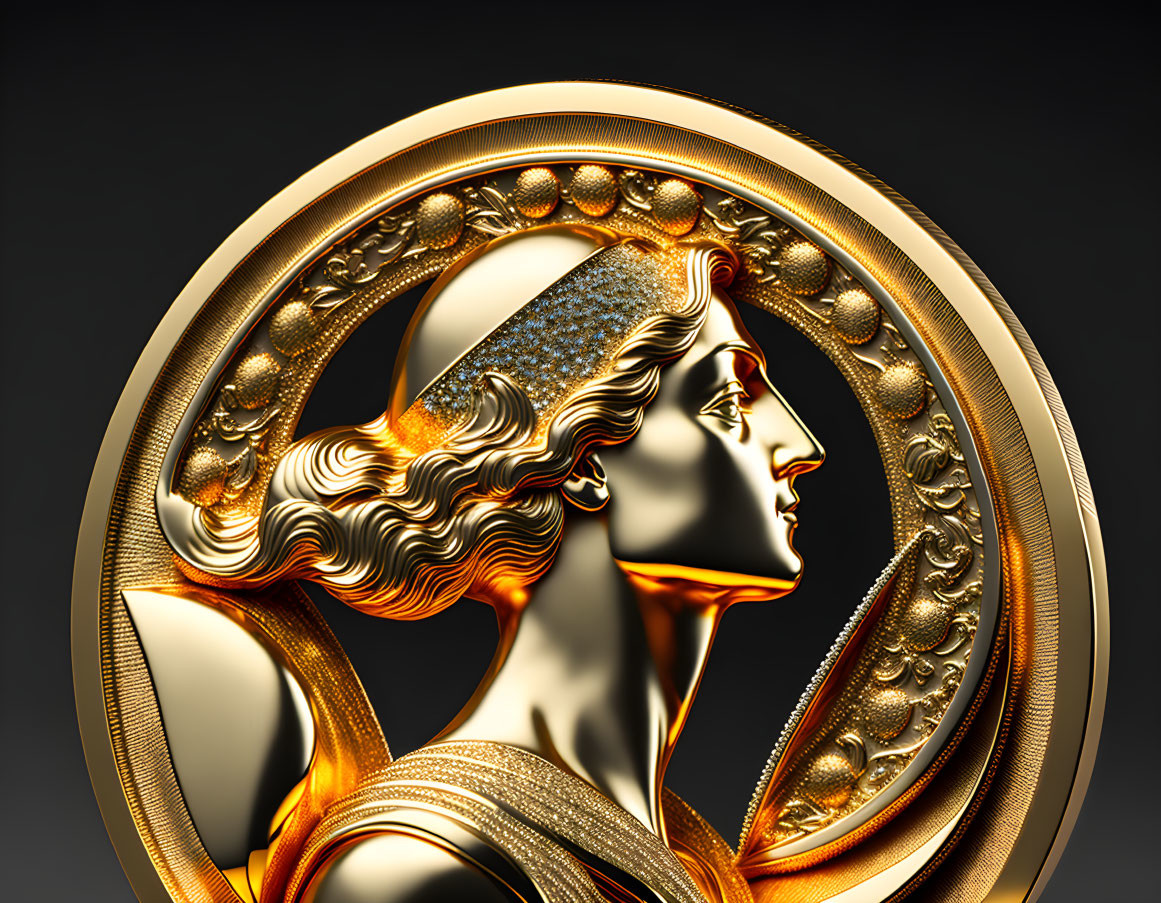 Golden relief of classical female profile with ornate headdress on dark background