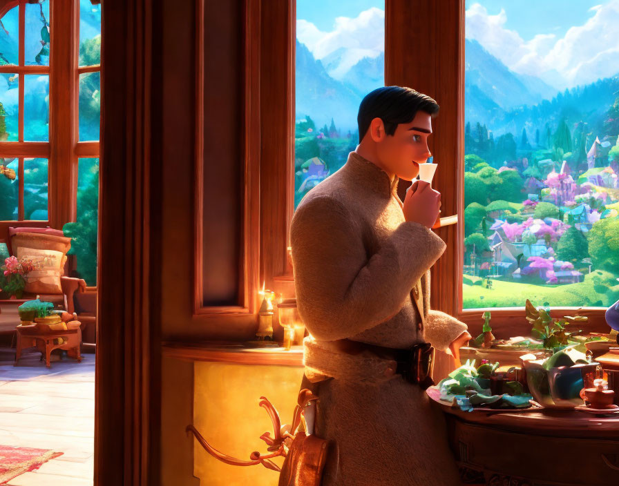 Animated character holding teacup gazes out window at pastoral village and mountains