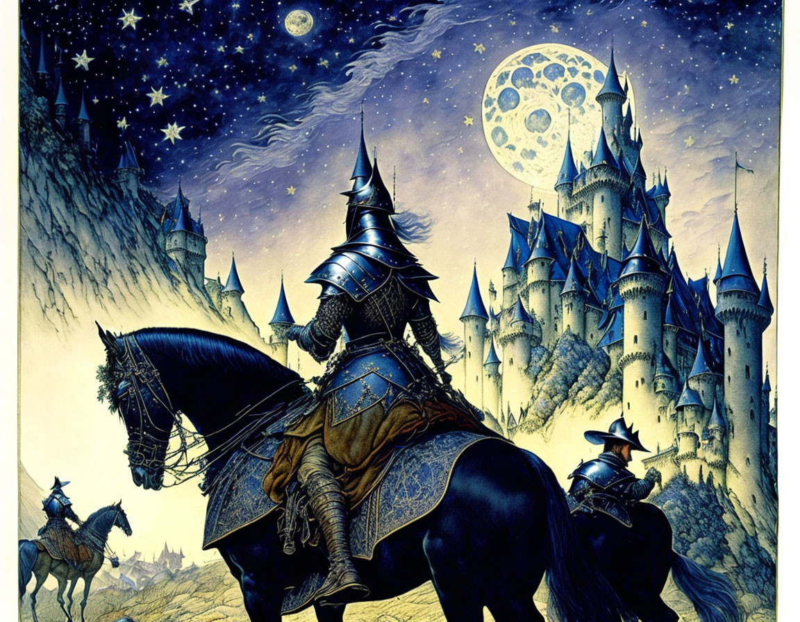 Knight in full armor riding horse towards castle under night sky with moon and stars.