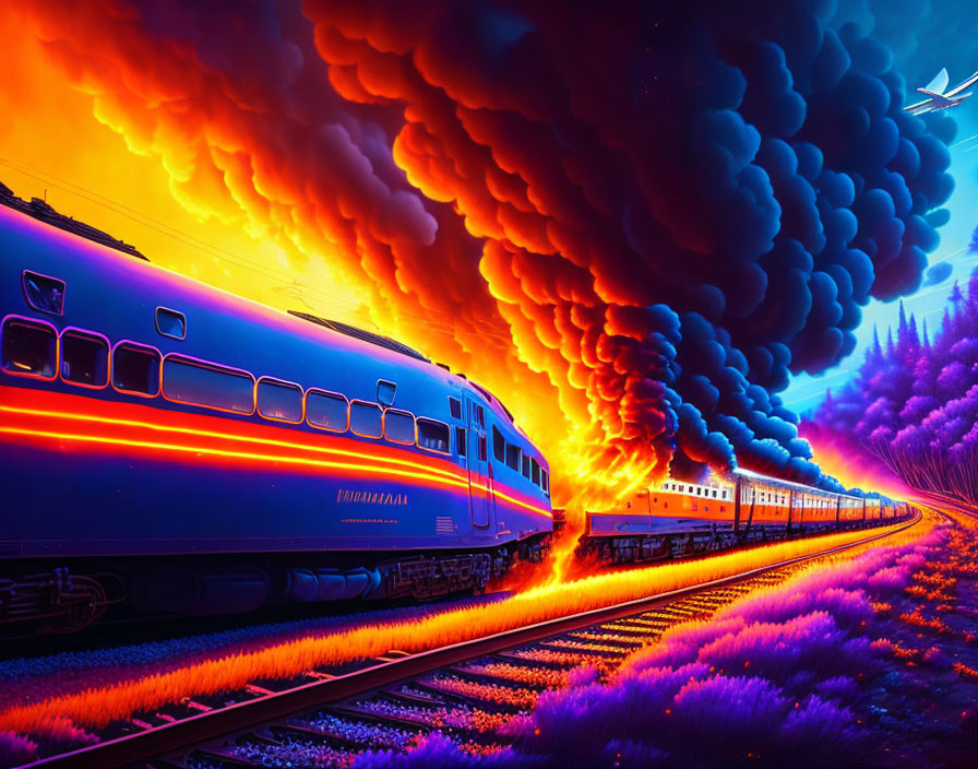 Vibrant train on tracks under fiery skies with purple flora