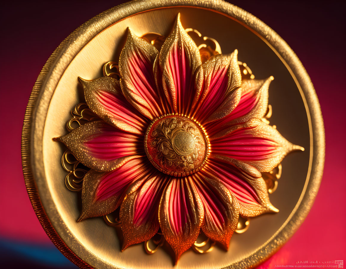 Intricate Golden Brooch with Red Flower Design on Red Background