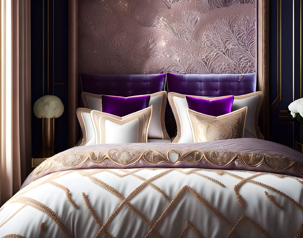 Elegant bedroom decor with ornate headboard, purple and white pillows, and gold accents on textured