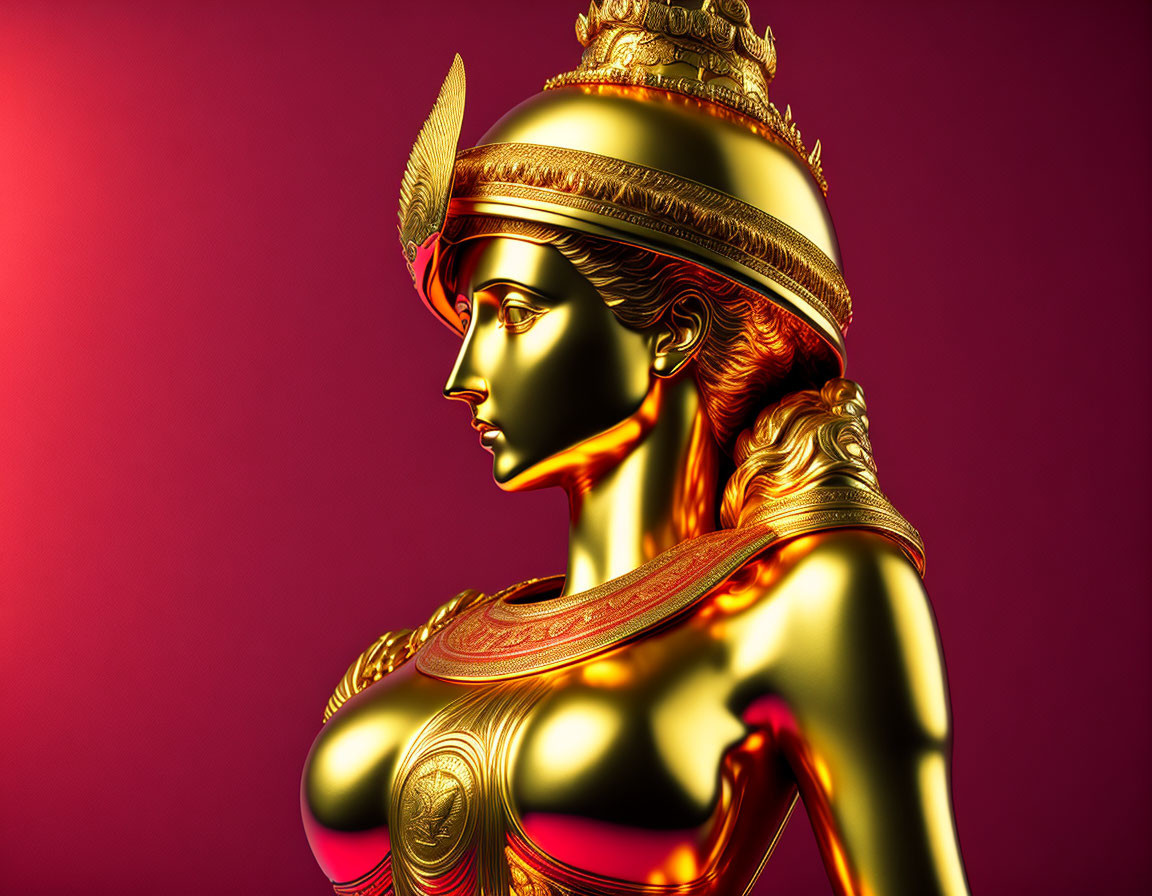 Golden woman statue in armor and helmet on magenta background