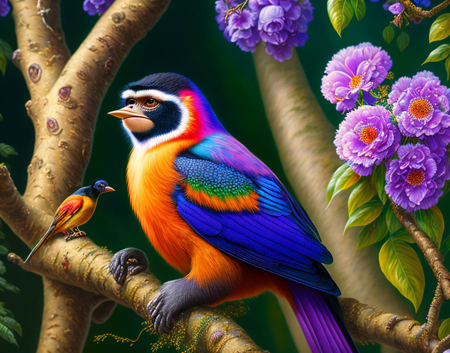Colorful Exotic Bird Illustration on Tree Branch with Purple Flowers