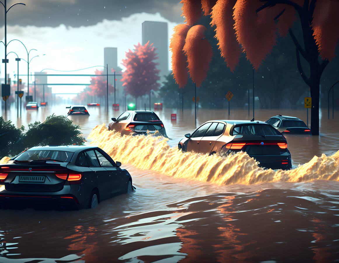 Flooded Urban Street with Submerged Vehicles and Autumn Trees