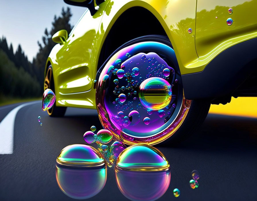 Bright Yellow Sports Car Surrounded by Colorful Bubbles on Road