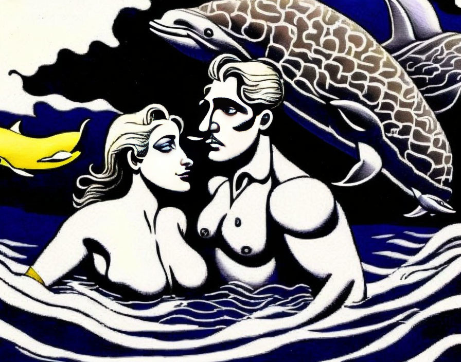 Merman and mermaid embrace in ocean scene with dolphins and yellow fish