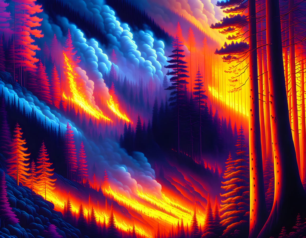 Surreal forest scene with neon blue clouds and glowing trees