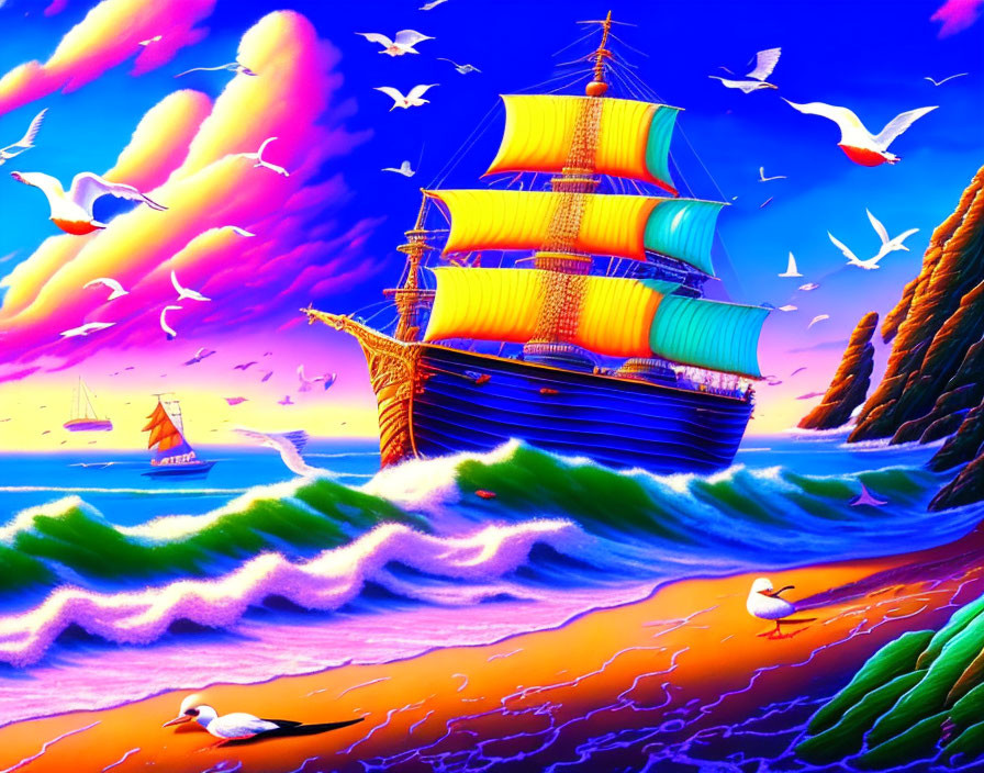 Colorful sailing ship near shore with crashing waves and seagulls in vibrant illustration