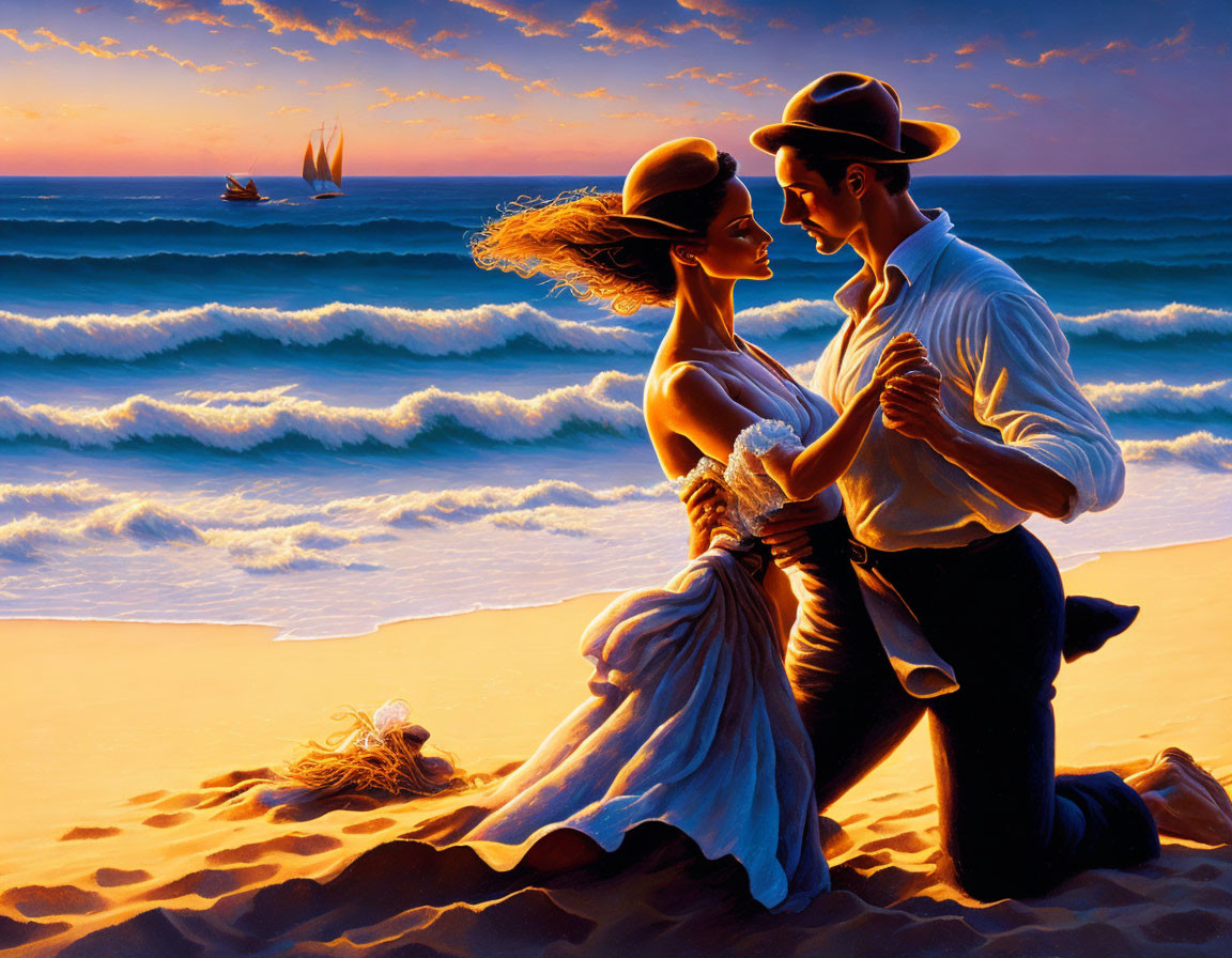 Romantic beach sunset illustration with dancing couple and sailboats