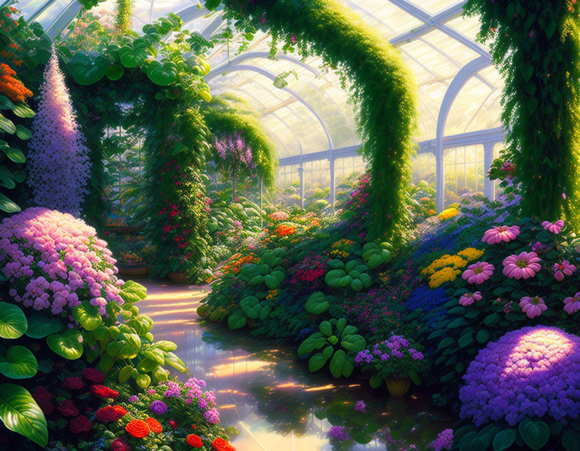 Colorful Flowers and Greenery in Sunlit Greenhouse