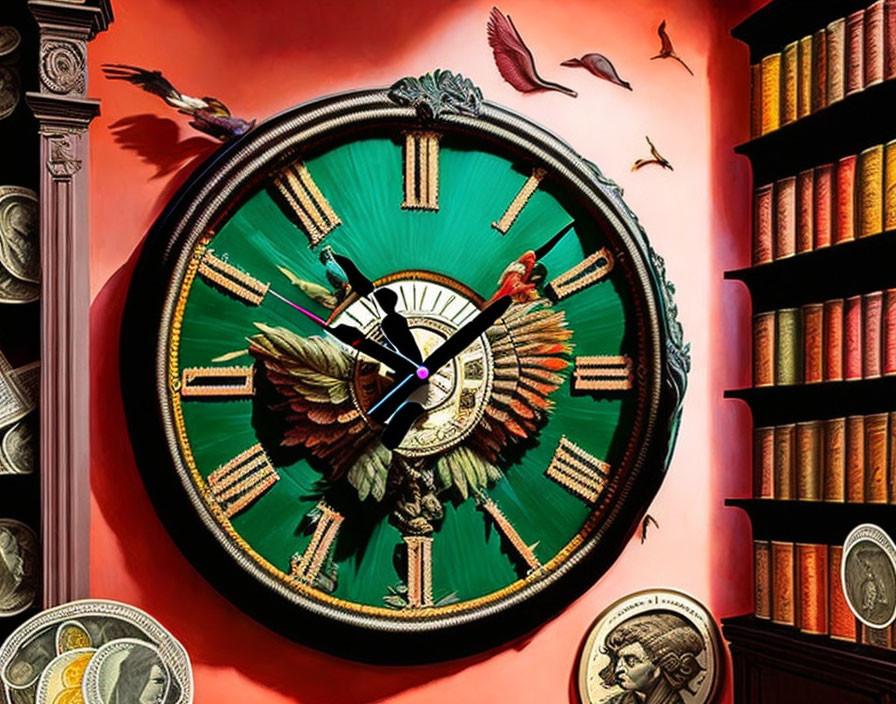 Ornate Wall Clock with Book Motifs on Teal Background and Bookshelf Decor