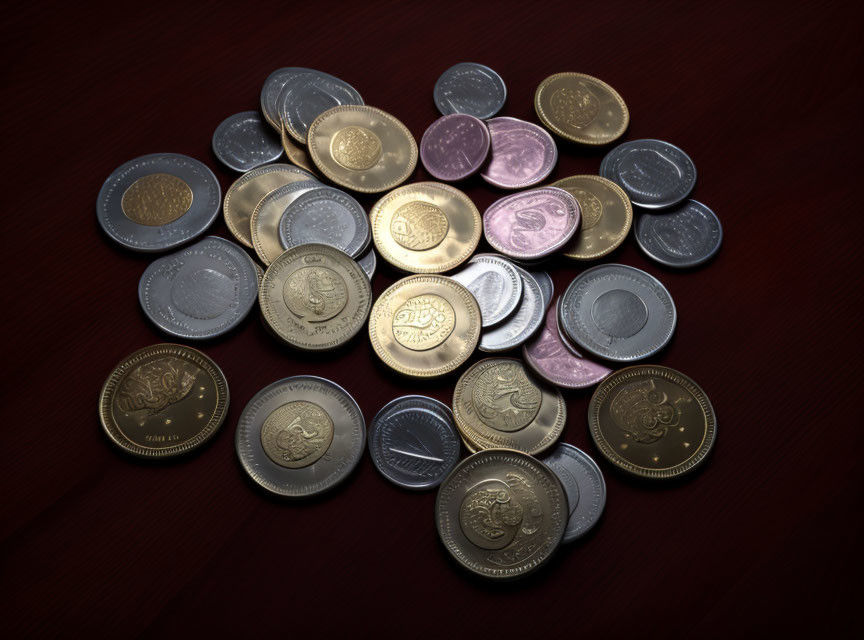 Assorted metallic coins on dark wooden surface with soft light glow