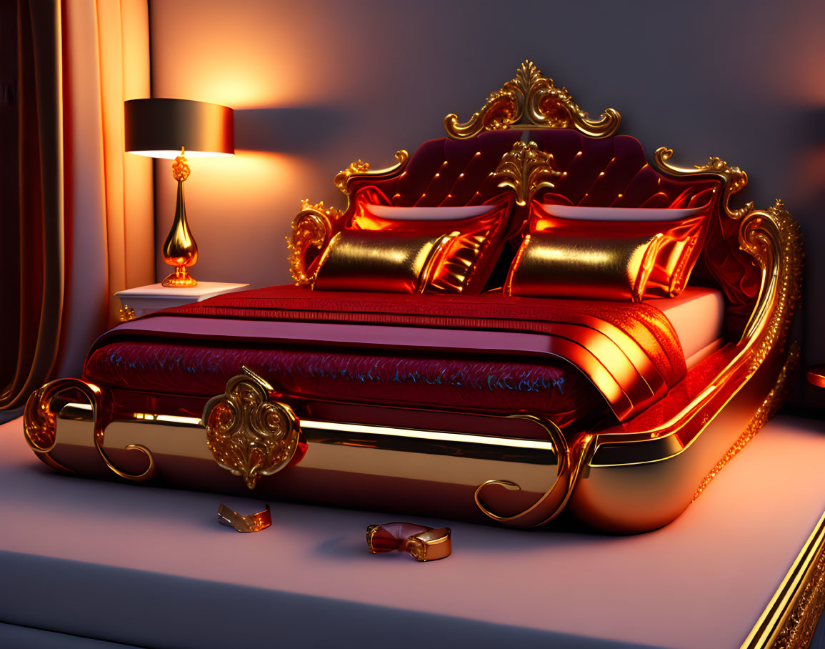 Opulent Baroque-style Bedroom with Gold and Red Bed and Silk Bedding