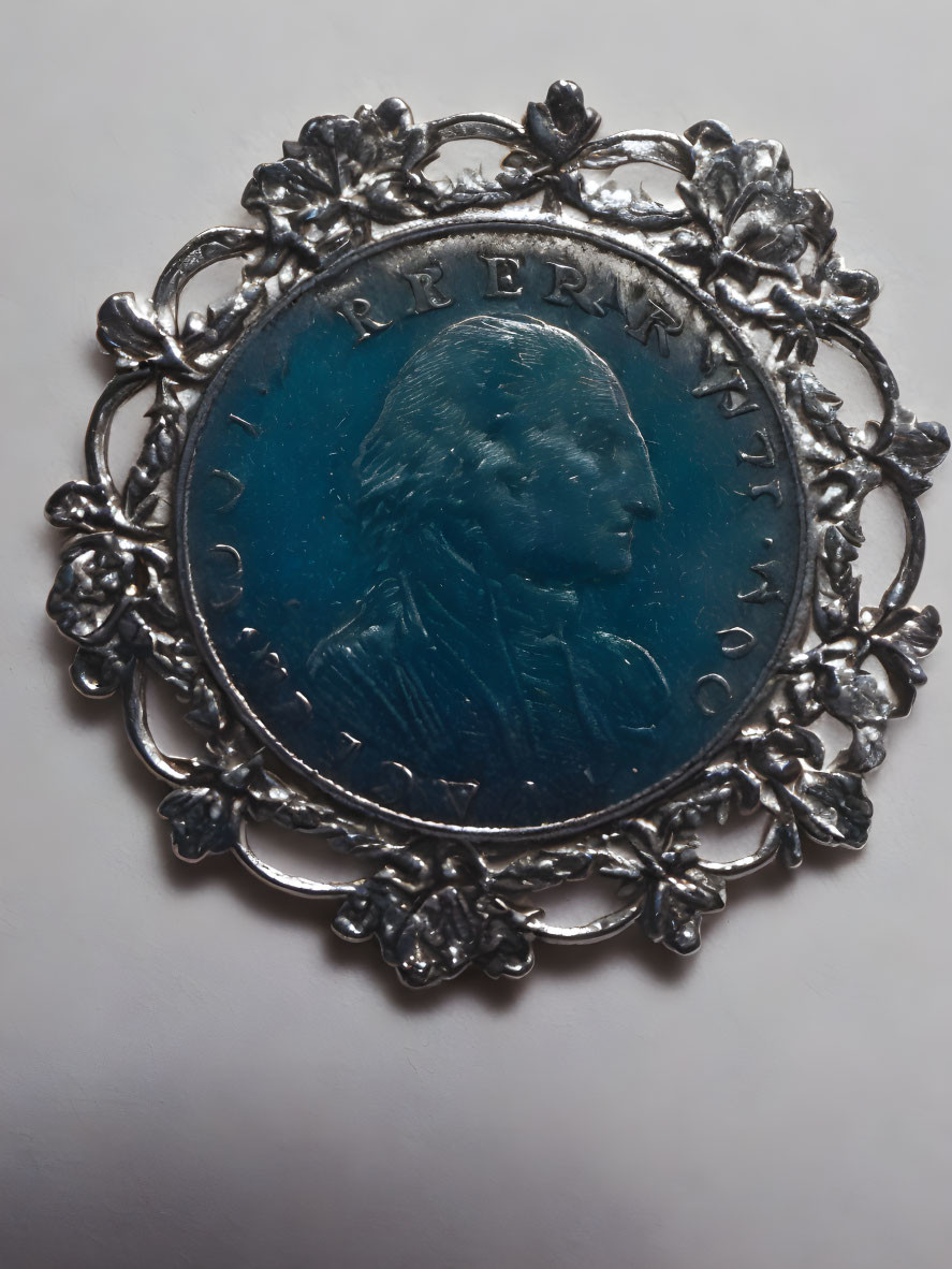 Vintage Cameo Brooch: Profile Relief on Blue Background, Silver Floral Frame