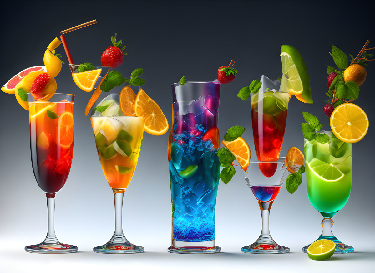 Vibrant cocktails with fruit garnishes on gradient backdrop