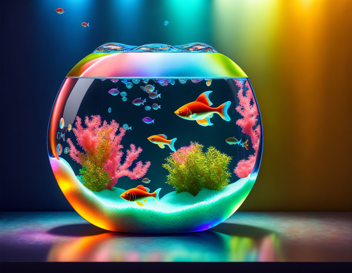 Vibrant fish in round aquarium with colorful coral & rainbow backdrop