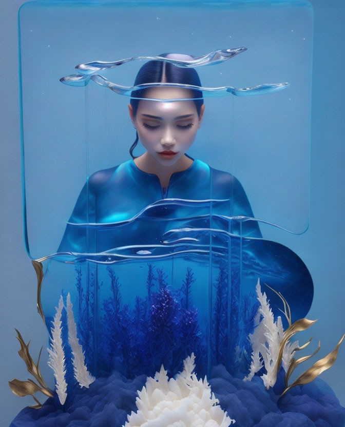 Surreal underwater portrait of a woman surrounded by marine plants