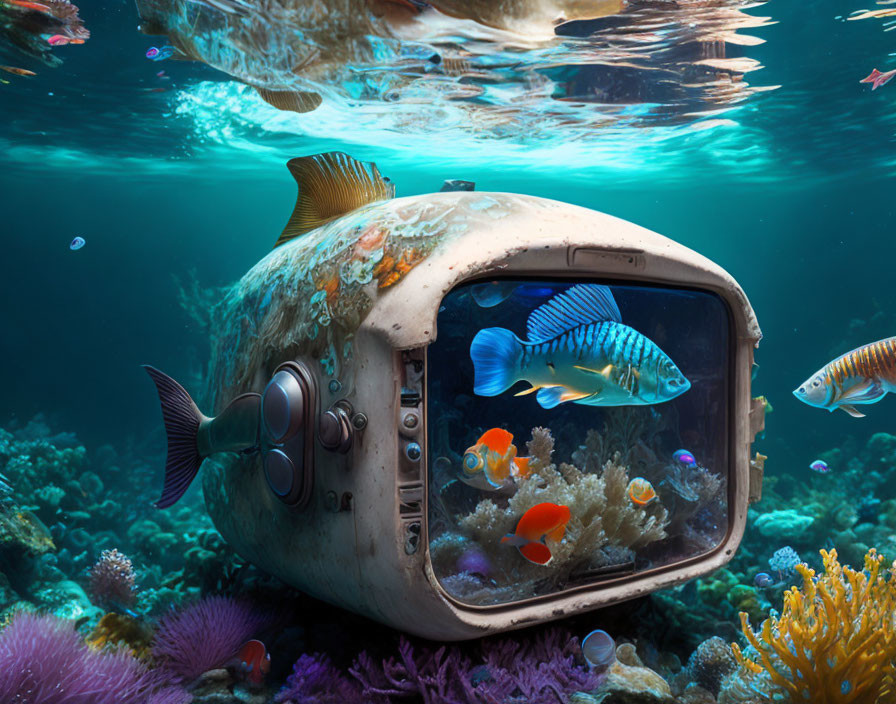 Vintage TV underwater with tropical fish and coral reef.