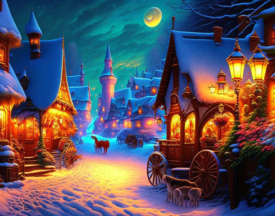 Snow-covered winter night scene with illuminated houses, castle, full moon, and animals.