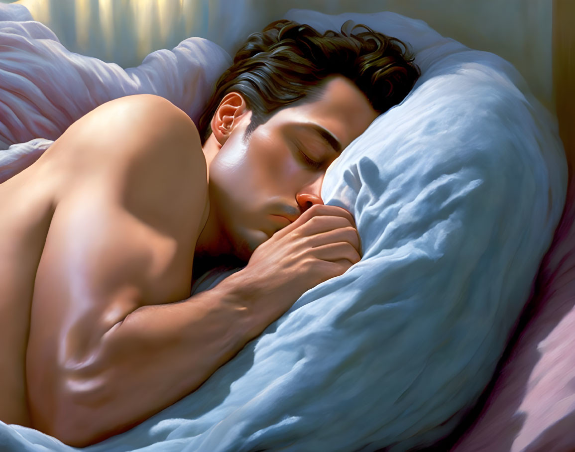 Shirtless man sleeping peacefully in soft blue bedding under sunlight