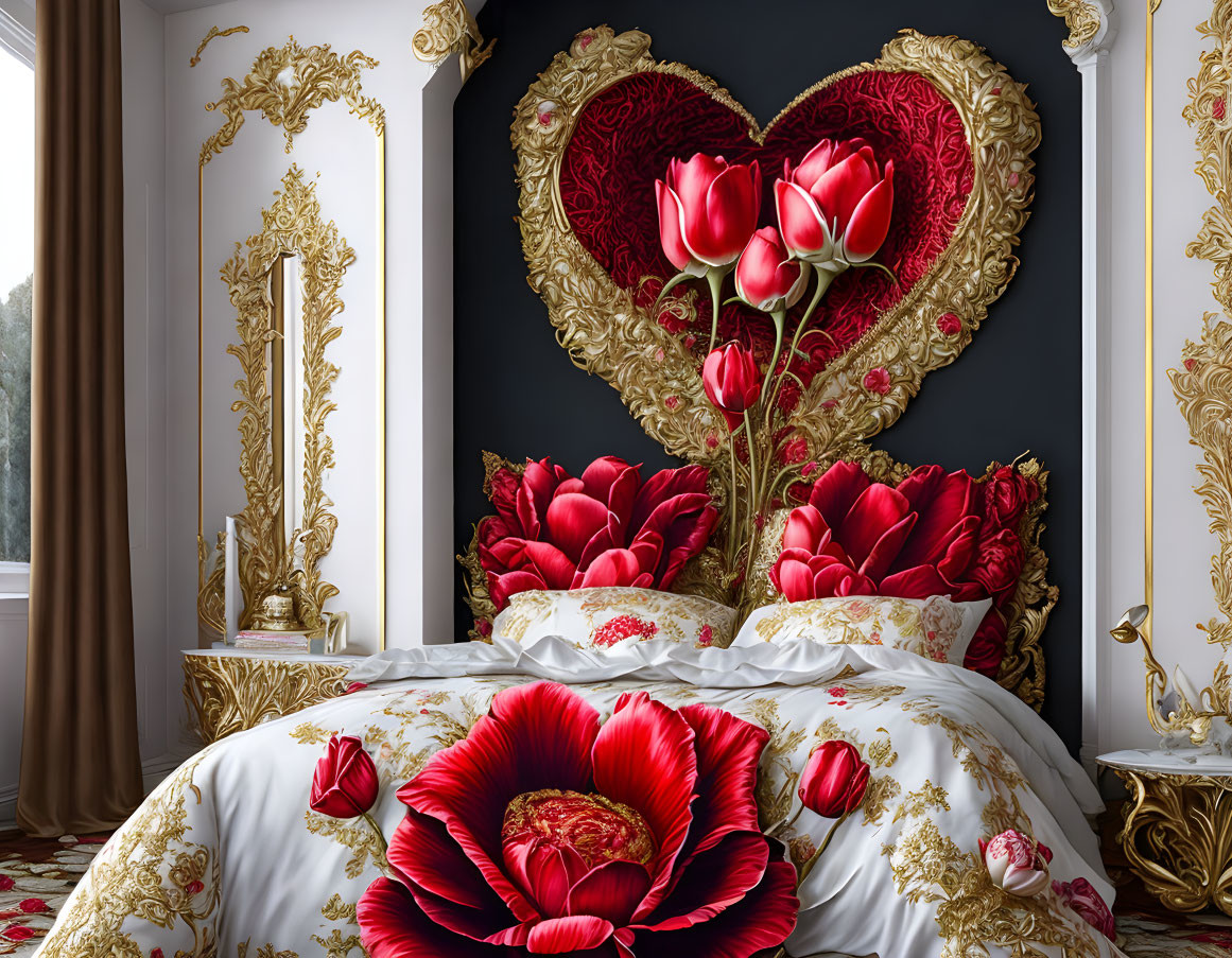 Luxurious Bedroom Decor with Heart-Shaped Headboard & Golden Accents