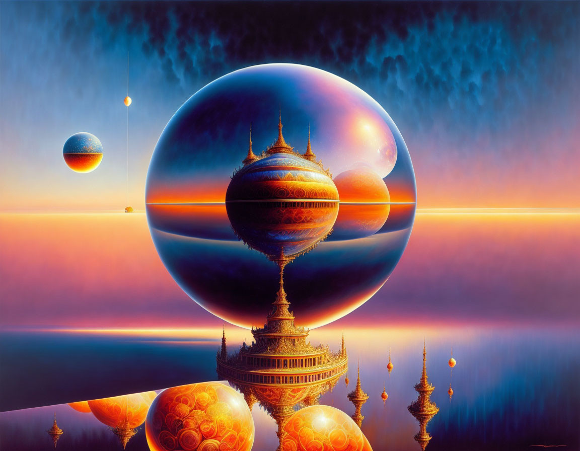 Surreal landscape with reflective orbs and ornate spires