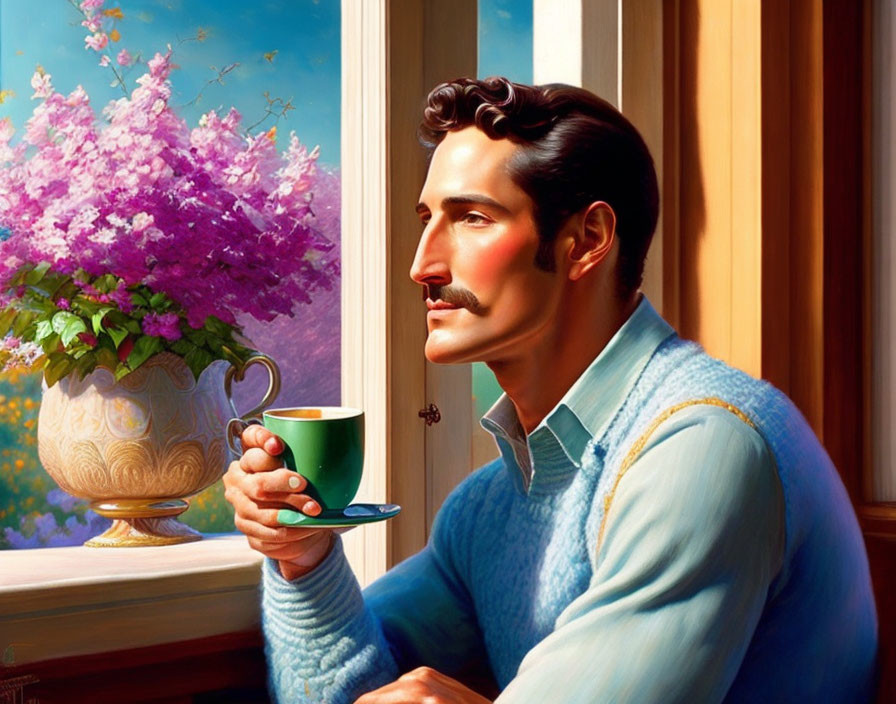 Stylized painting of a mustachioed man with tea cup by window