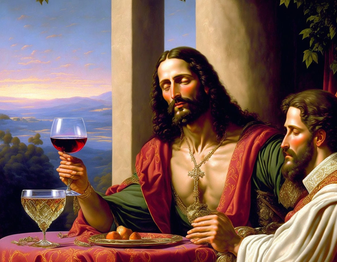 Two Men at Table with Red Wine and Serene Landscape