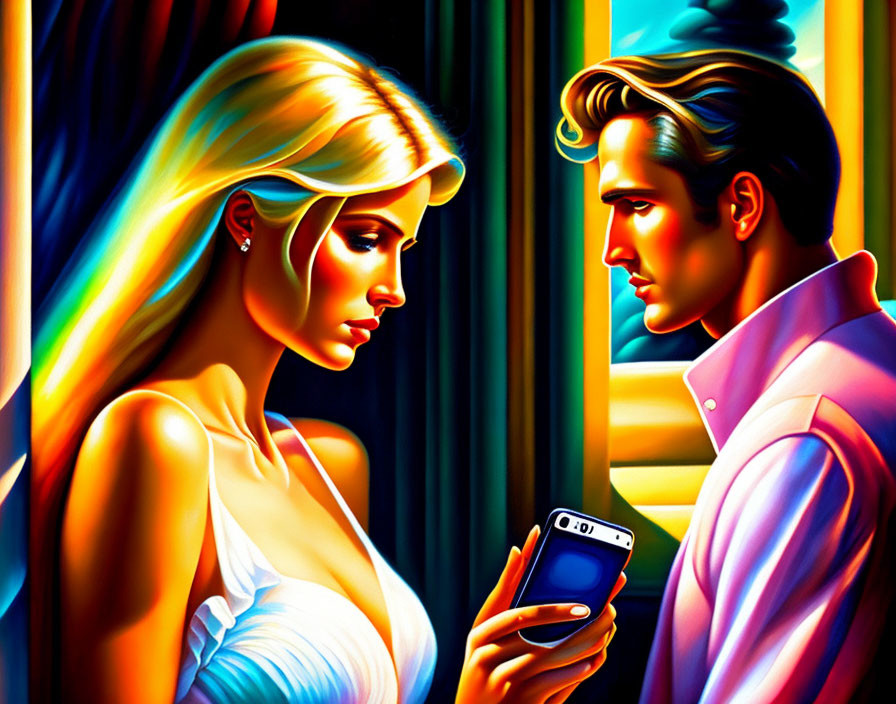 Vibrant stylized image of man and woman in dramatic lighting