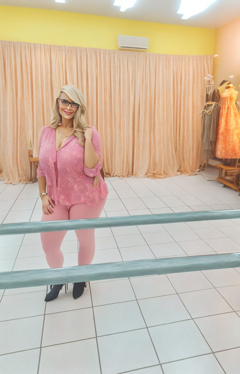 Fashionable woman in pink outfit at dance studio with ballet barre and mannequins.