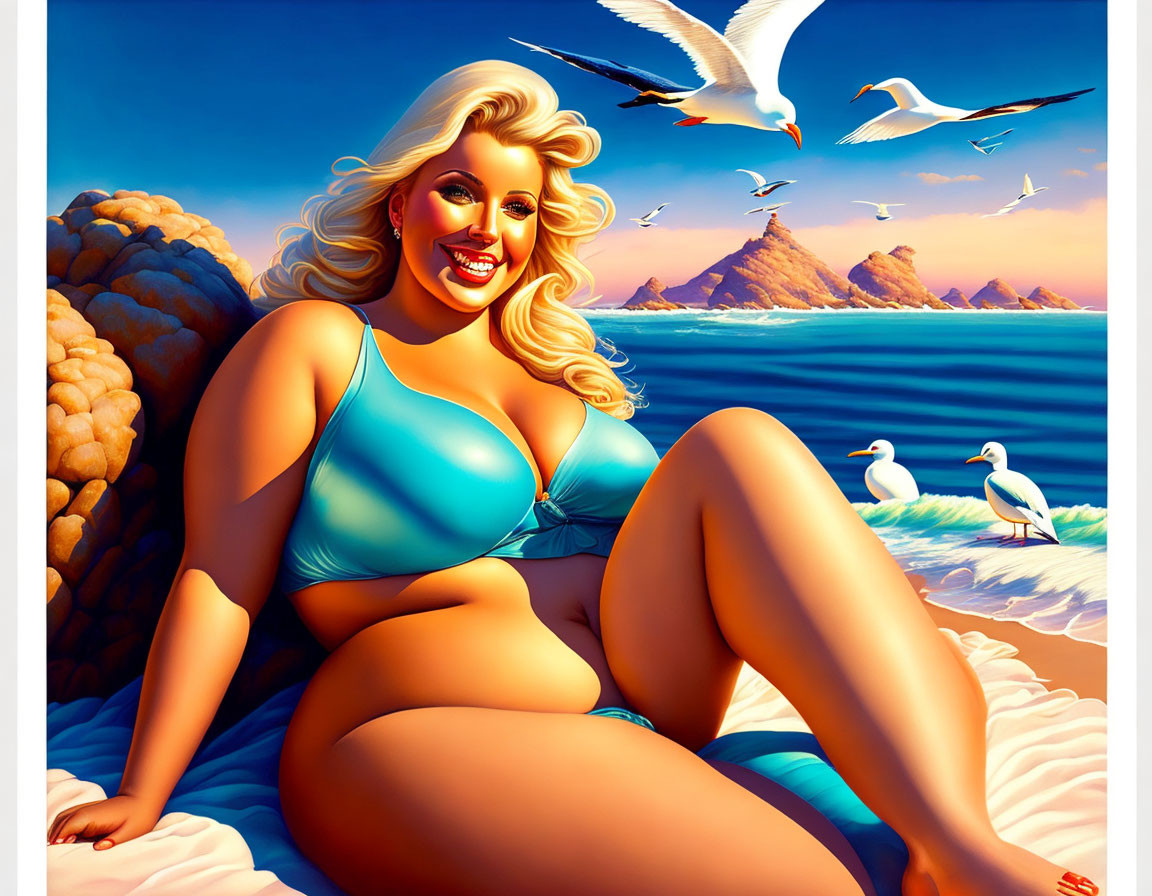 Smiling woman in blue bikini on sandy beach with seagulls and serene ocean