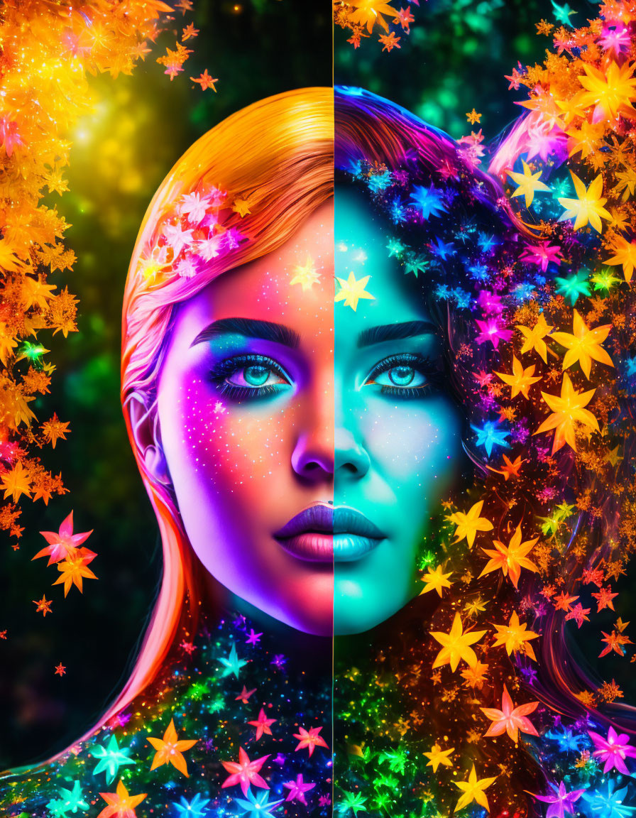 Digital artwork: Woman's face split with autumn leaves & starry cosmos, merging nature and space