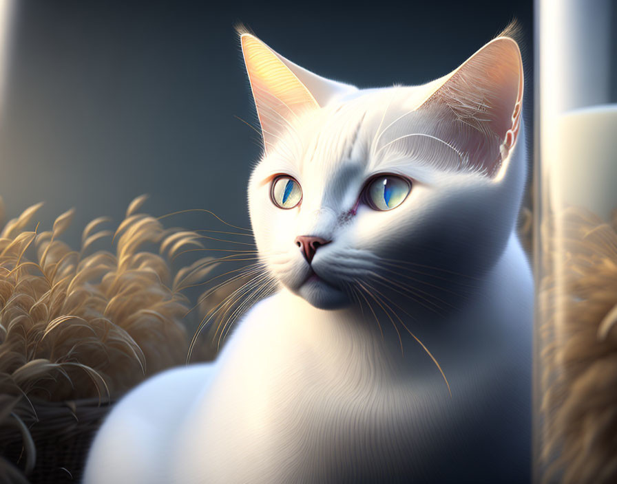 White Cat with Blue Eyes Sitting Among Wheat Stalks in Soft Sunlight