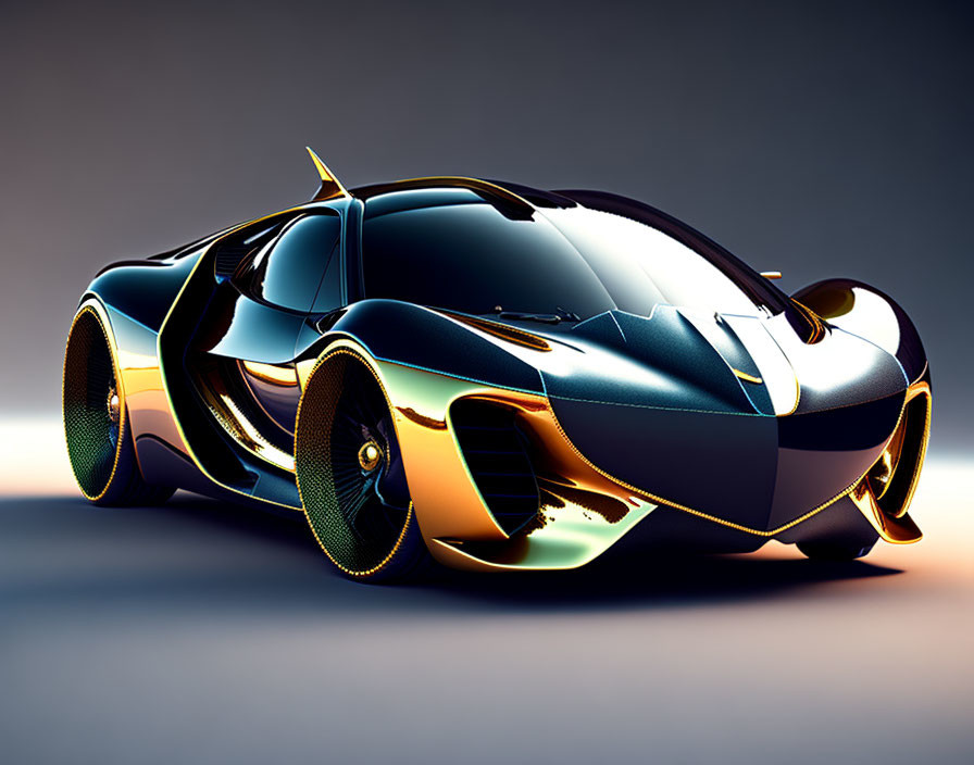 Sleek Metallic Blue and Gold Futuristic Car on Gradient Background