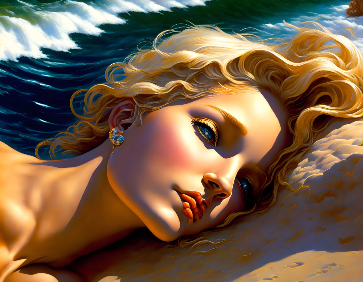 Blonde Woman with Blue Eyes Lying on Beach in Digital Painting