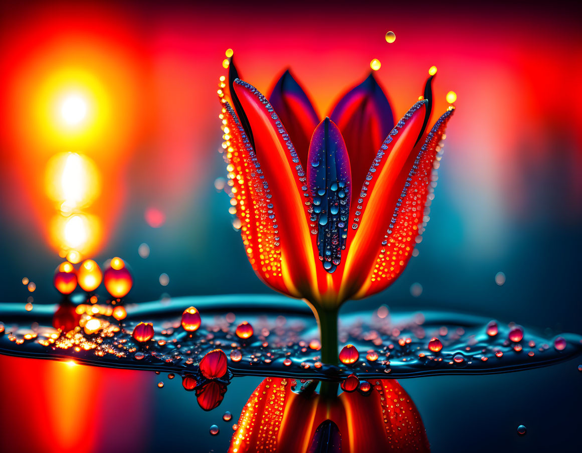 Colorful Flower with Water Droplets Reflected on Surface