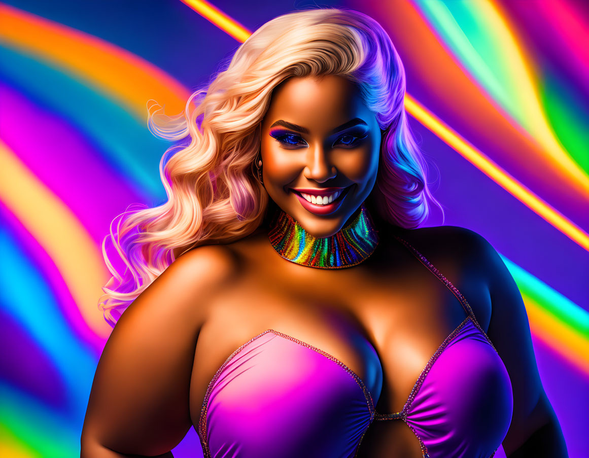 Blonde Woman in Purple Dress on Neon Background