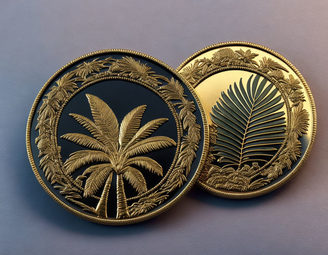 Ornate metallic coins with palm tree designs on dual-tone surface