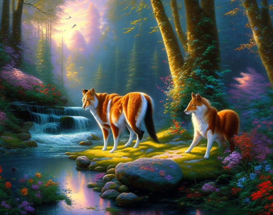 Tranquil forest stream with waterfall and two foxes