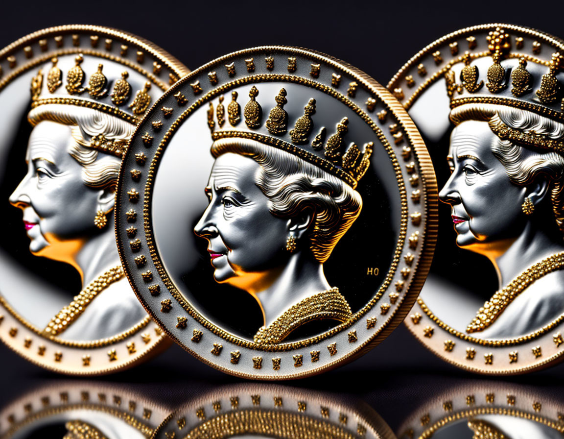 Queen profile coins: 3D design, gold & silver colors, intricate details, on dark backdrop