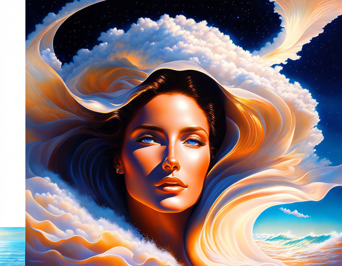 Illustration: Woman's face blending with vibrant sky and sea in surreal artwork