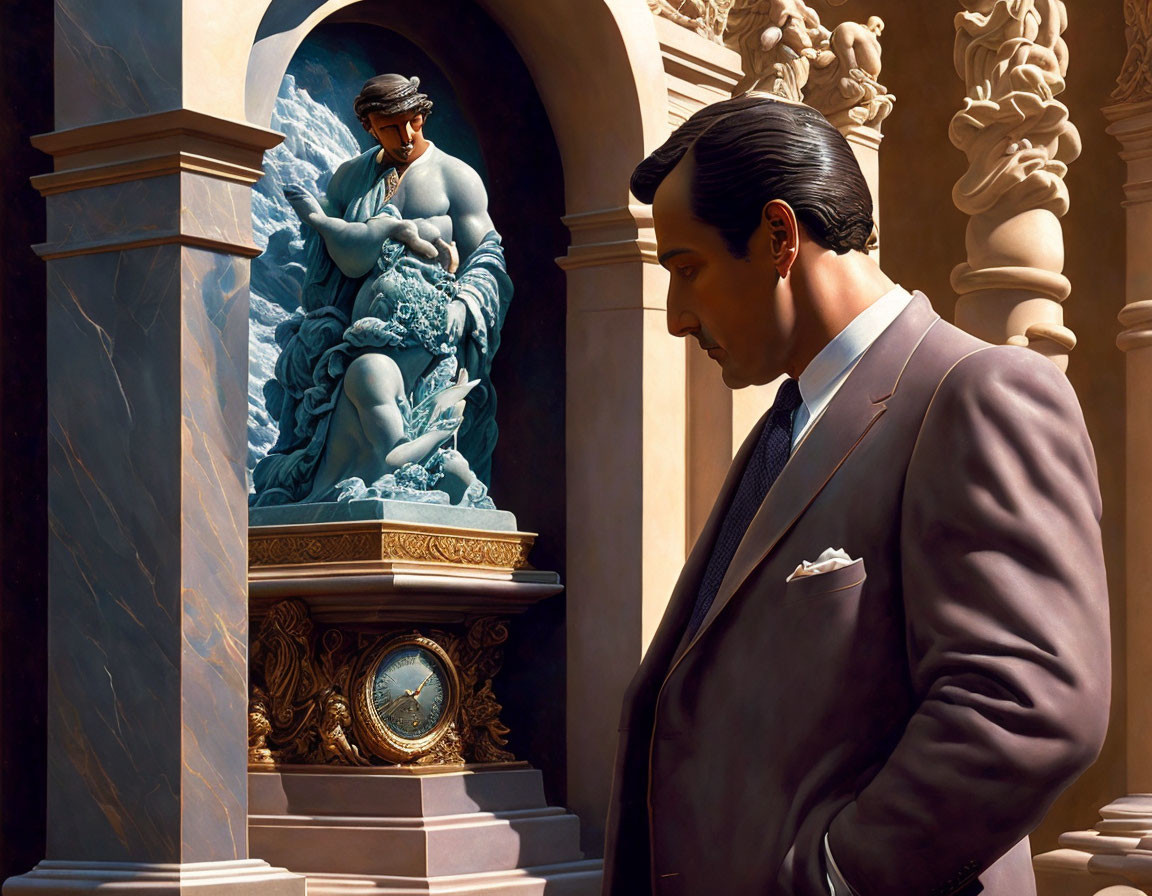 Man in suit next to statue and clock in ornate building with columns.